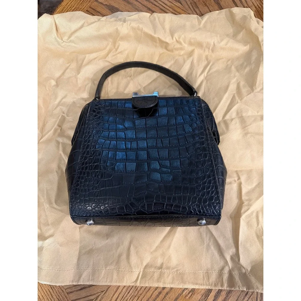Patricia Nash Black Croc Embossed Leather Frame Top Handle Bag Silver Hardware